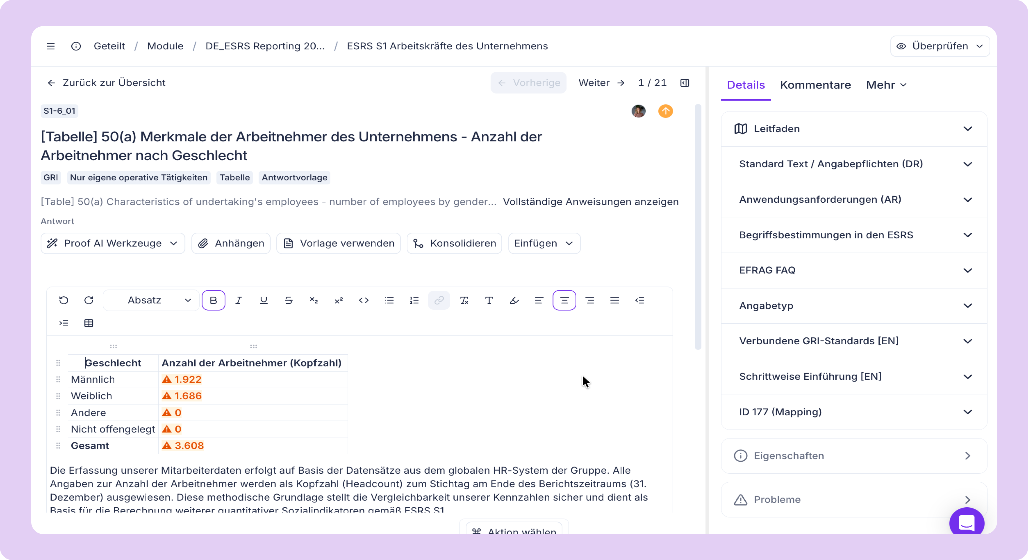 ESRS S1 Ausschnitt aus der Sunhat-Software