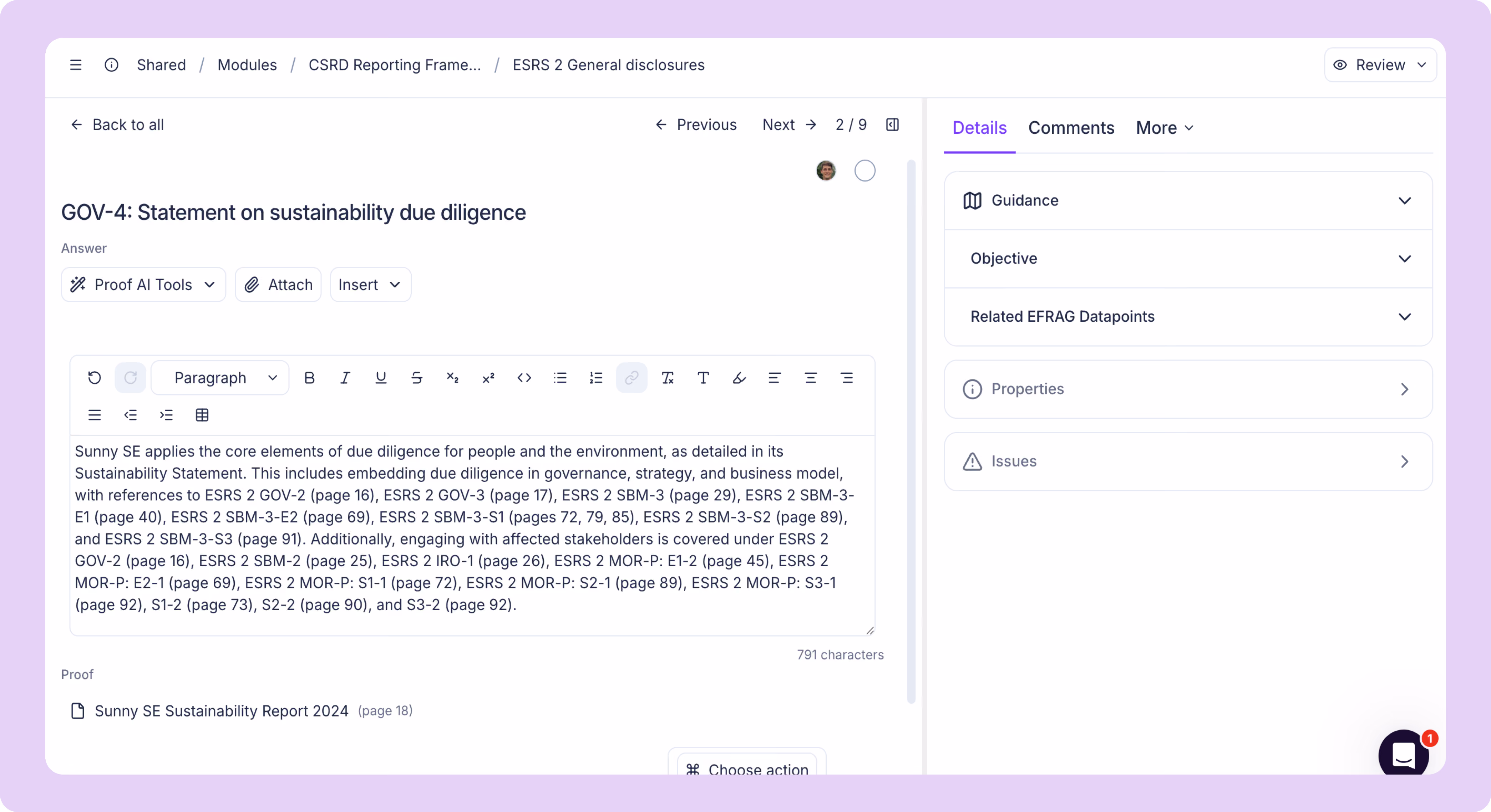 Part of the CSRD module of our Sunhat software; view of ESRS 2 General Disclosures