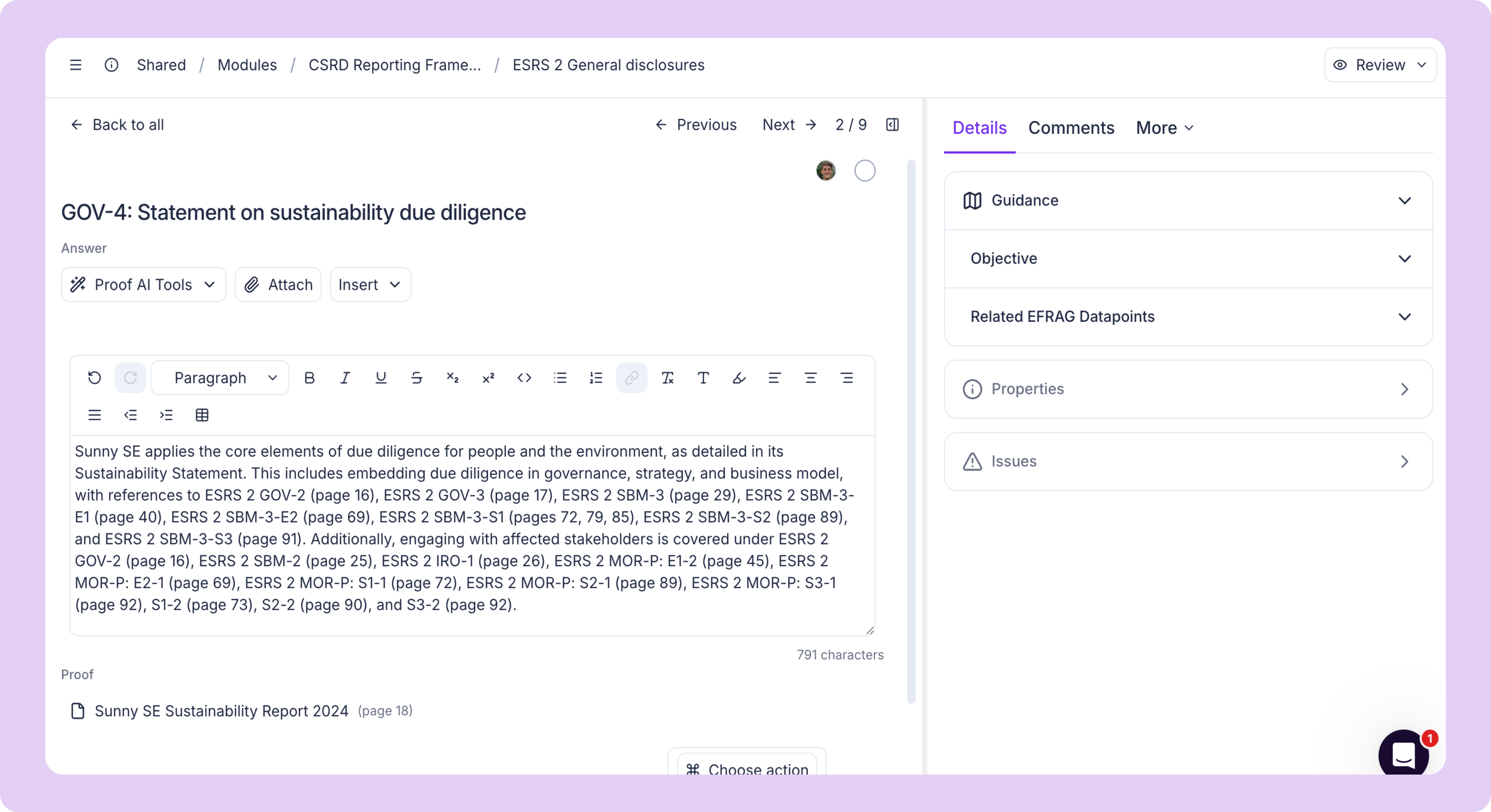 Part of the CSRD module of our Sunhat software; view of ESRS 2 General Disclosures