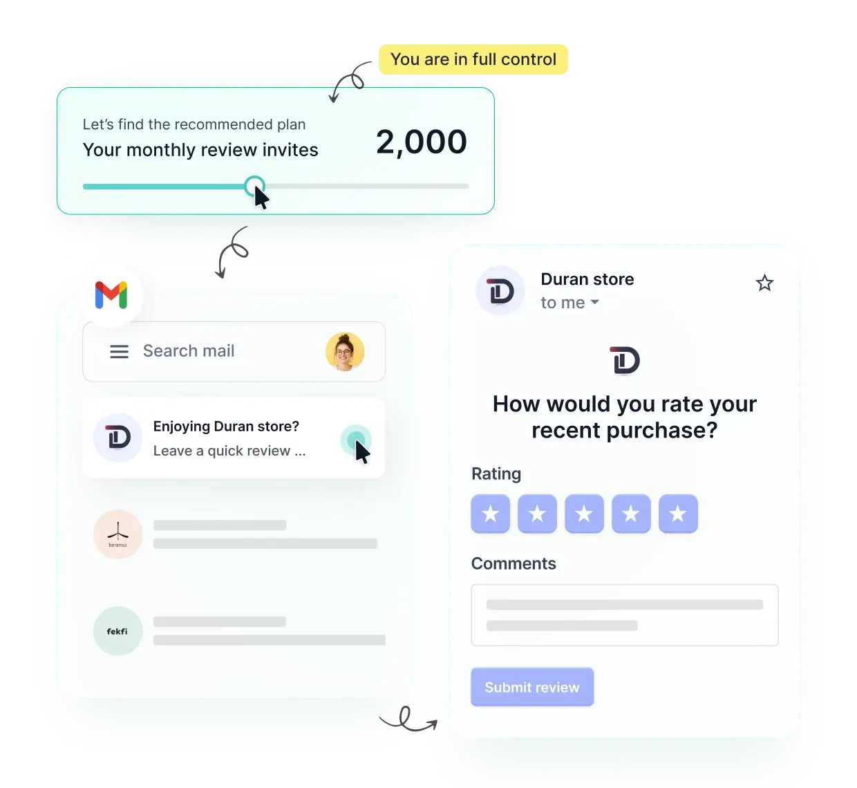 REVIEWS.io pricing benefits with Google Seller Ratings and Klaviyo integration visuals.