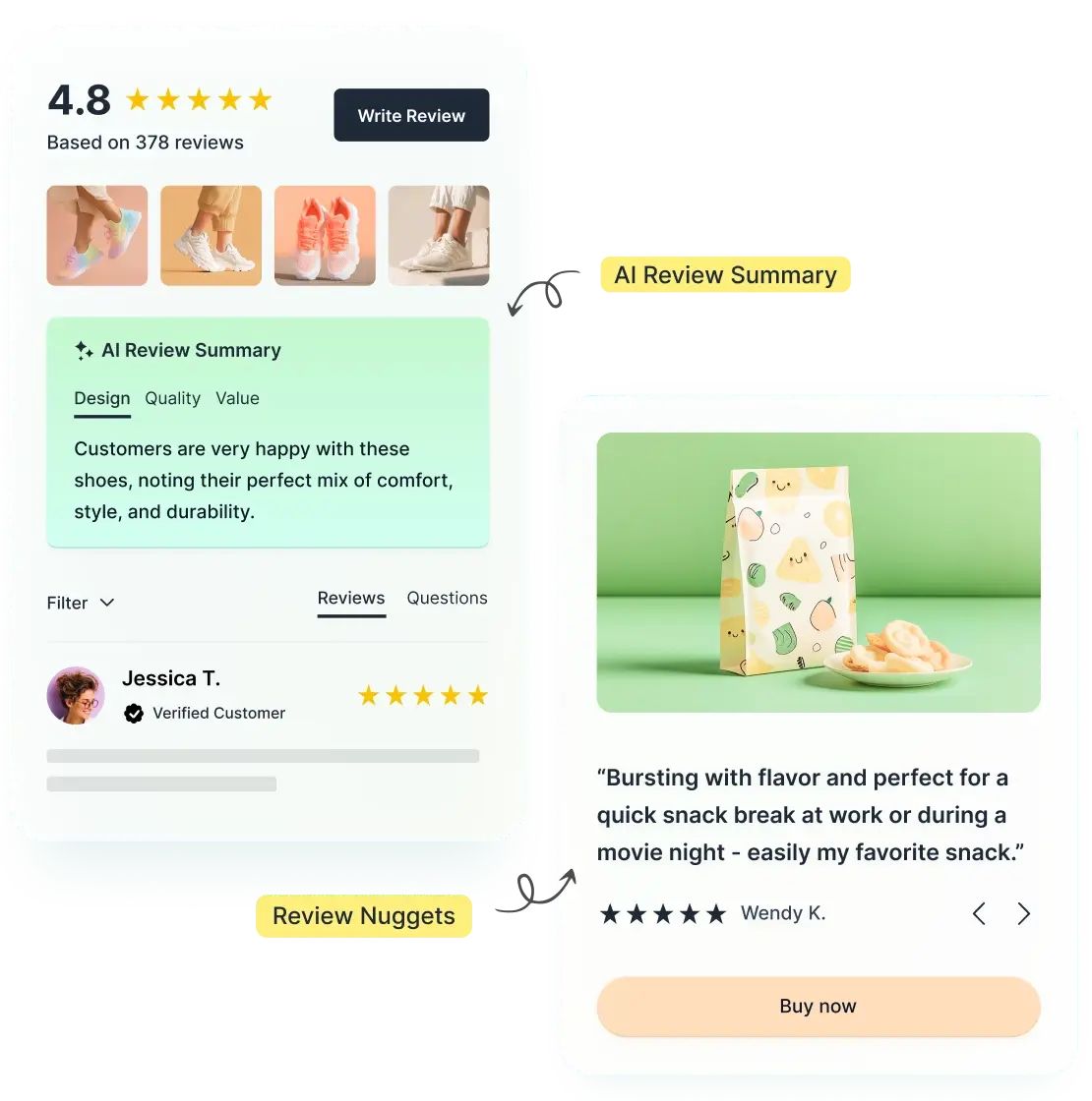 REVIEWS.io pricing benefits with Google Seller Ratings and Klaviyo integration visuals.