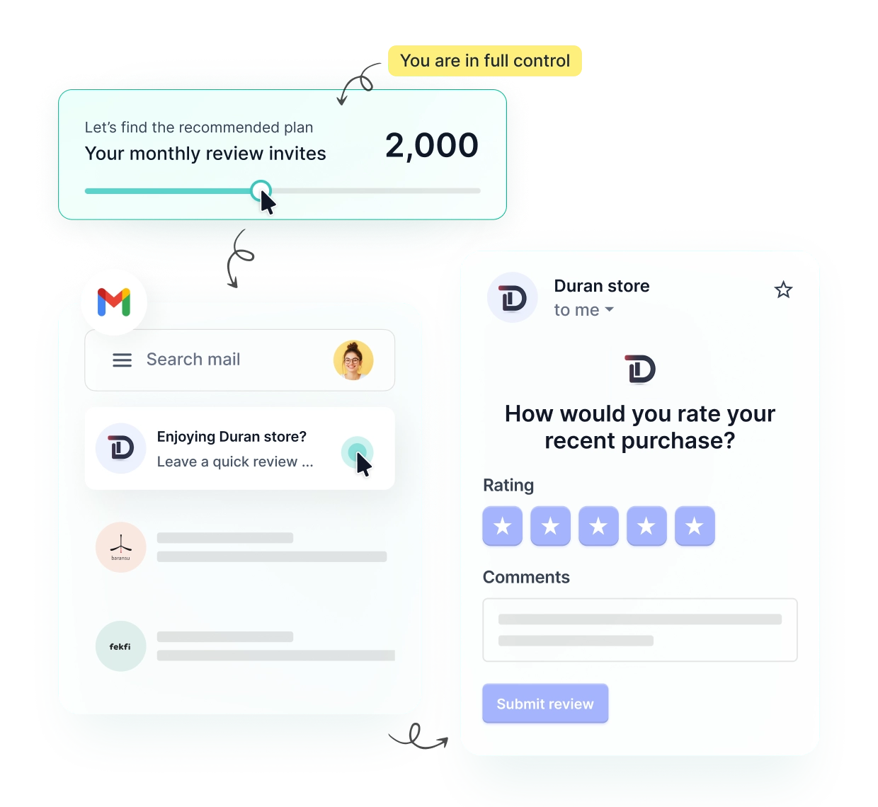 REVIEWS.io pricing benefits with Google Seller Ratings and Klaviyo integration visuals.