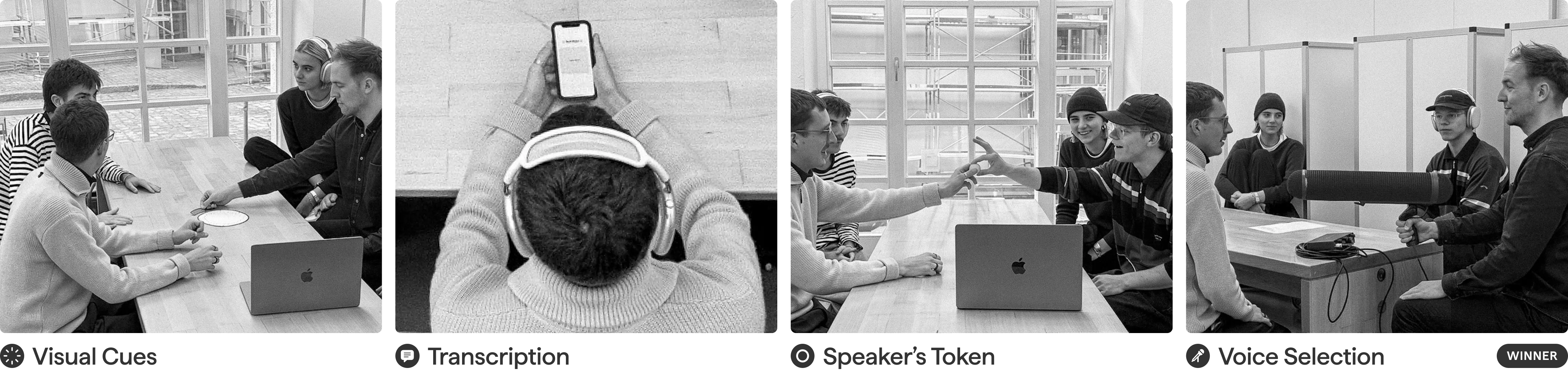 testing of principles: visual cues, transcription, speaker's token, voice selection (winner)