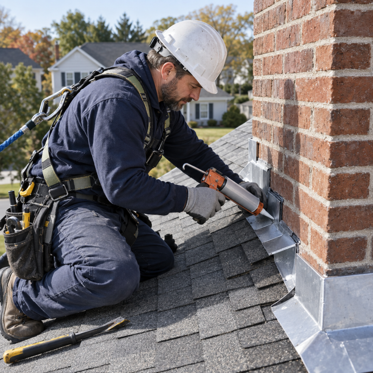 Roofer sealing flashing beside a brick wall for roofing repair services near me