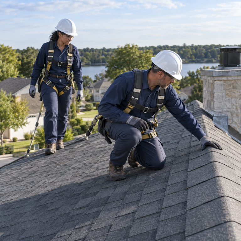 Roofer inspecting asphalt shingles on a residential roof in Charlottesville, VA