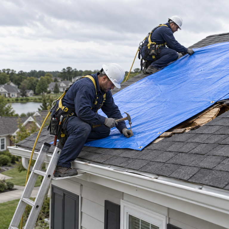 Roofer performing roof repairs beneath a protective tarp for roofing repair services near me