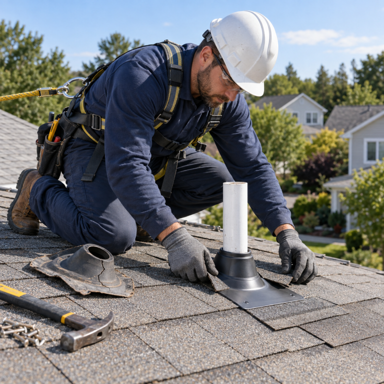 Roofer repairing flashing around a roof pipe on an asphalt shingle roof in Salem, VA