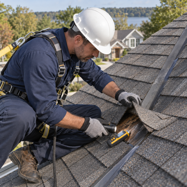 Roofer inspecting damaged asphalt shingles and exposed roof decking in Danville, VA