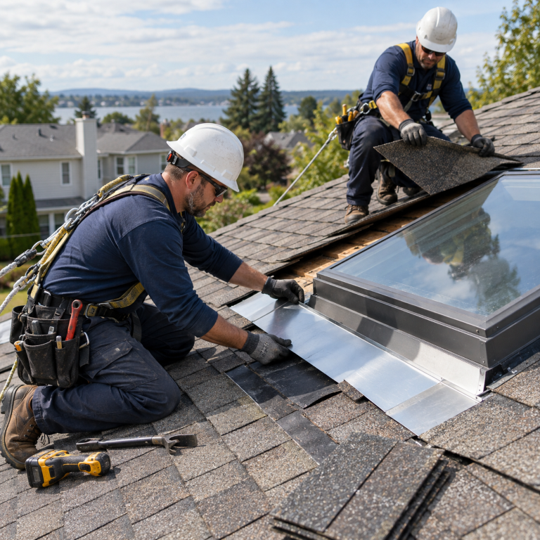 Roofer installing metal flashing around a skylight during roof repairs in Roanoke, VA