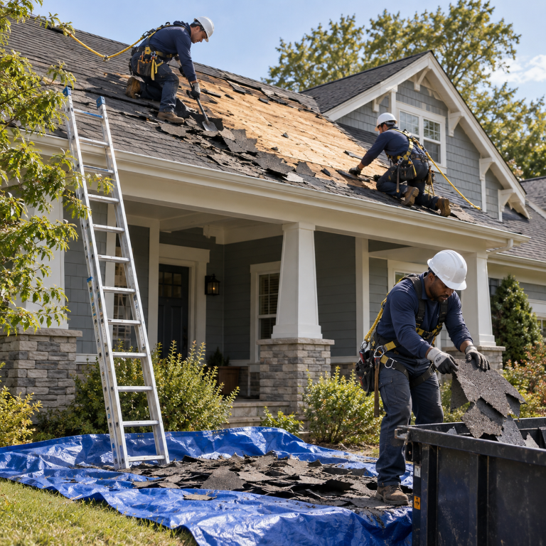 Roofers removing damaged asphalt shingles for roofing repair services near me