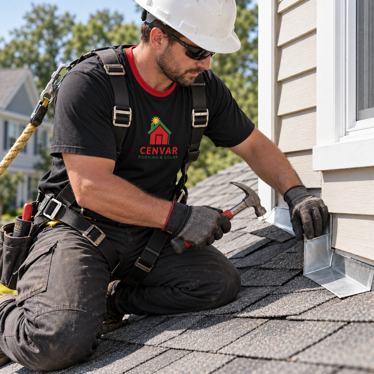Cenvar Roofing roofer working on asphalt shingles during roof repairs in Winchester, VA