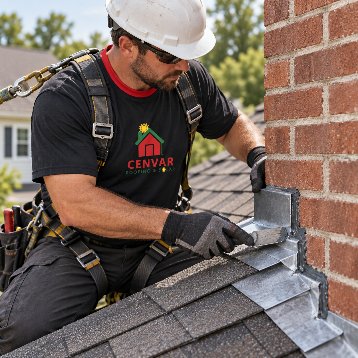 Cenvar Roofing roofer working on asphalt shingles during roof repairs in Fredericksburg, VA