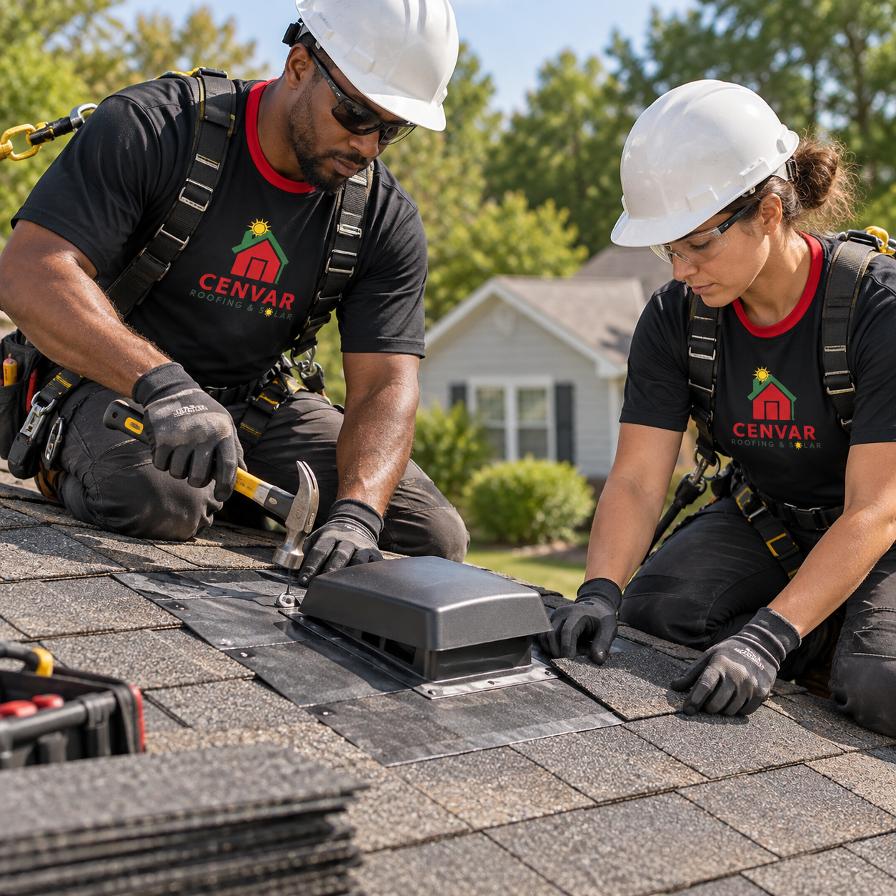 Cenvar Roofing roofer working on a residential roof for roofing repair services near me