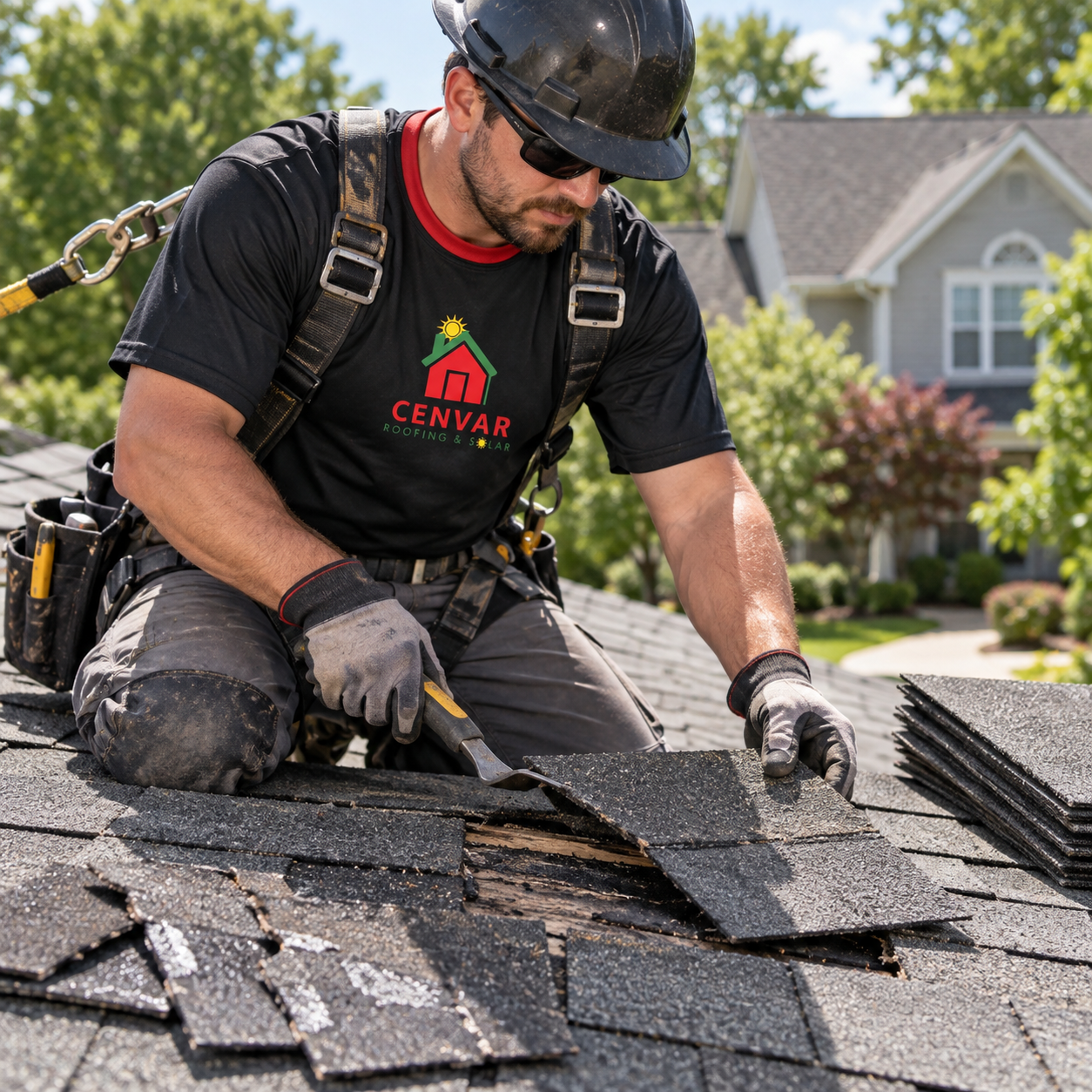 Cenvar Roofing roofer repairing asphalt shingles for roofing repair services near me