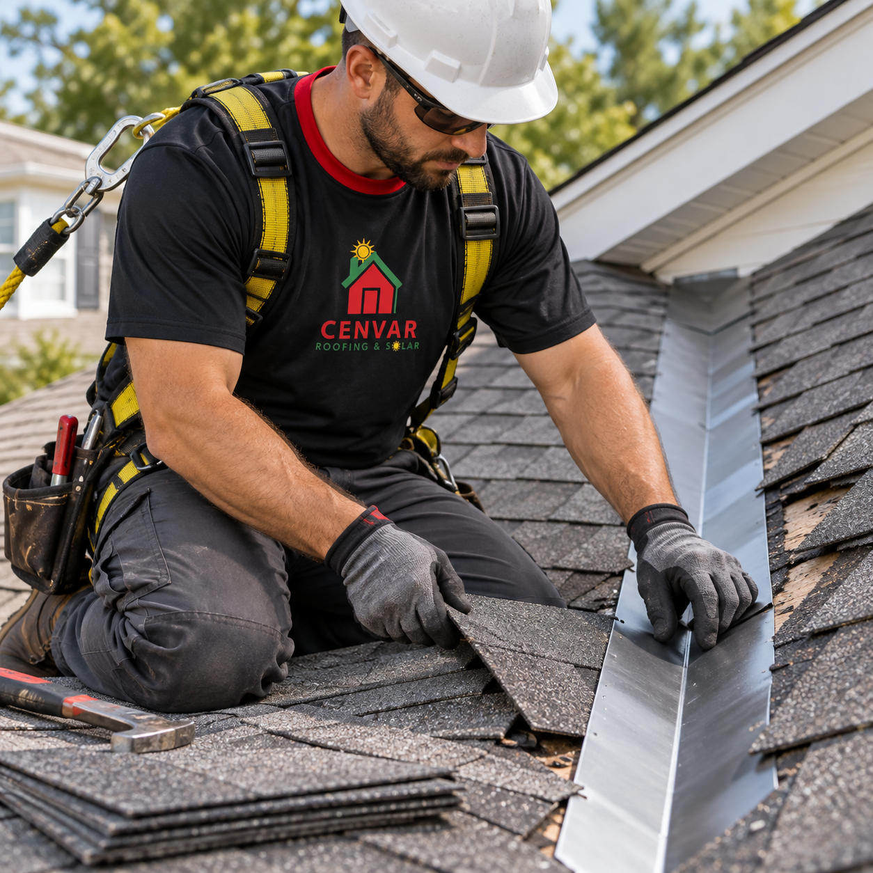 Cenvar Roofing roofer repairing asphalt shingles in Manassas, VA
