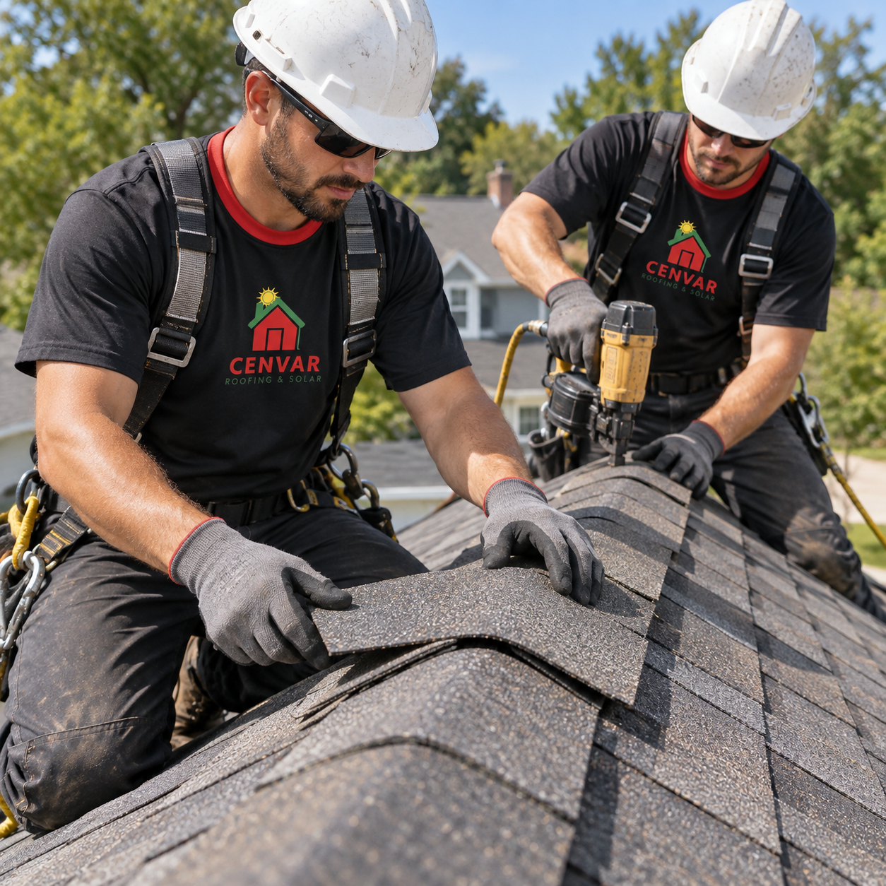 Cenvar Roofing roofers repairing asphalt shingles for roofing repair services near me