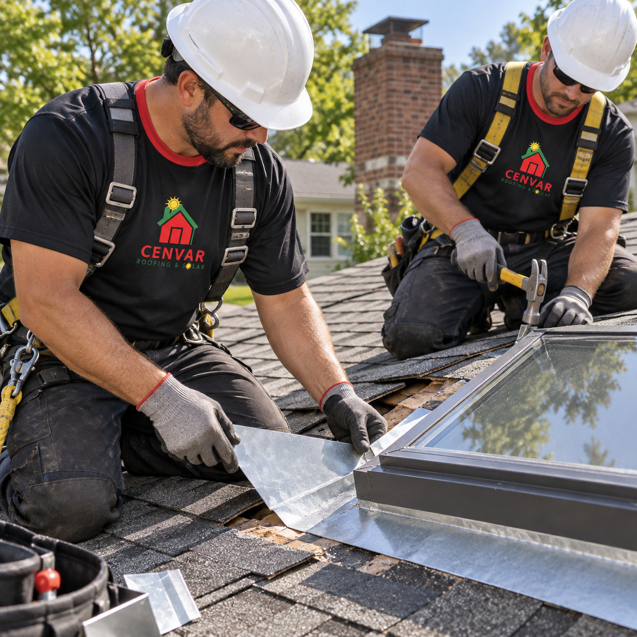 Cenvar Roofing roofers installing metal flashing around a skylight during roof repairs in Abingdon, VA
