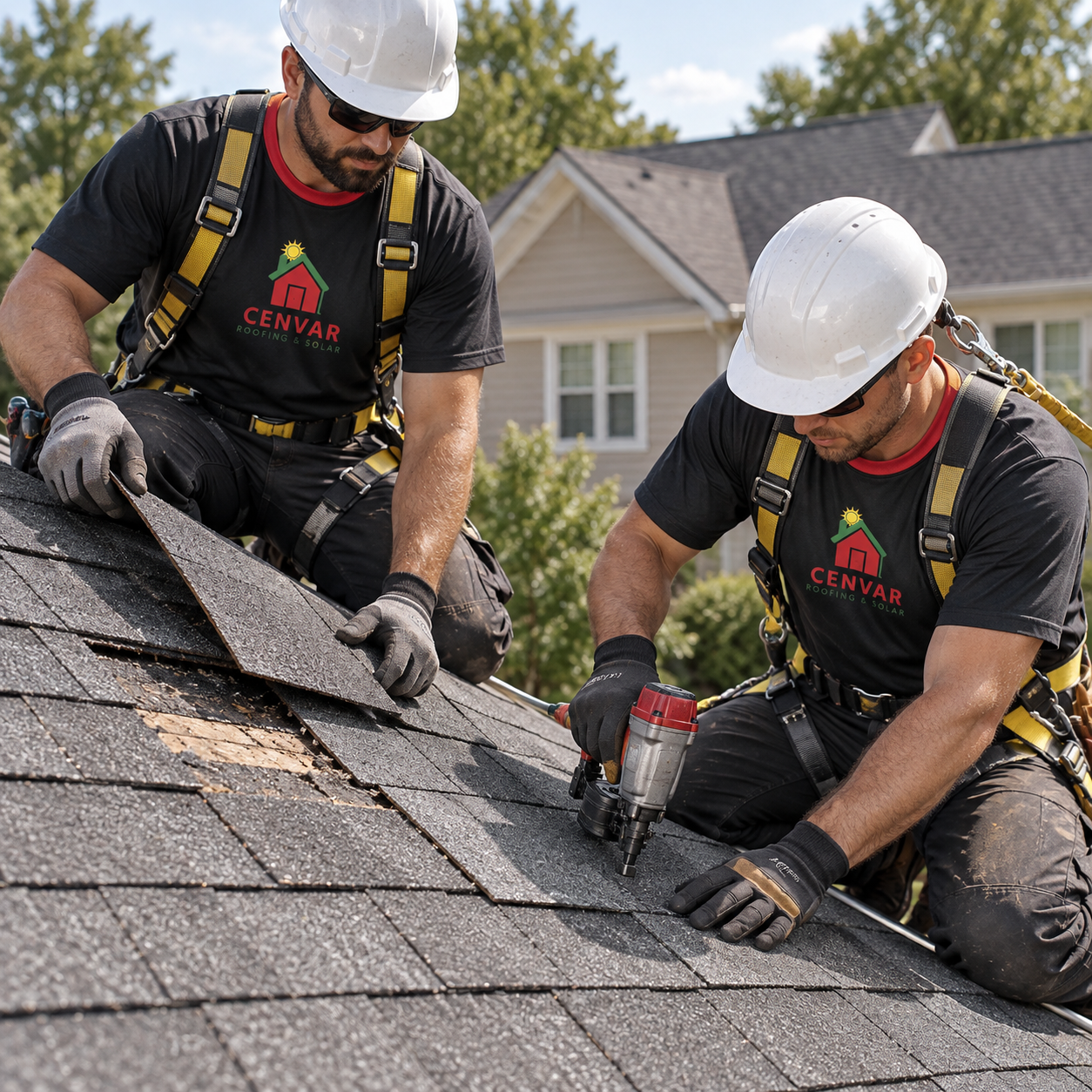 Cenvar Roofing roofers repairing asphalt shingles for roofing repair services near me
