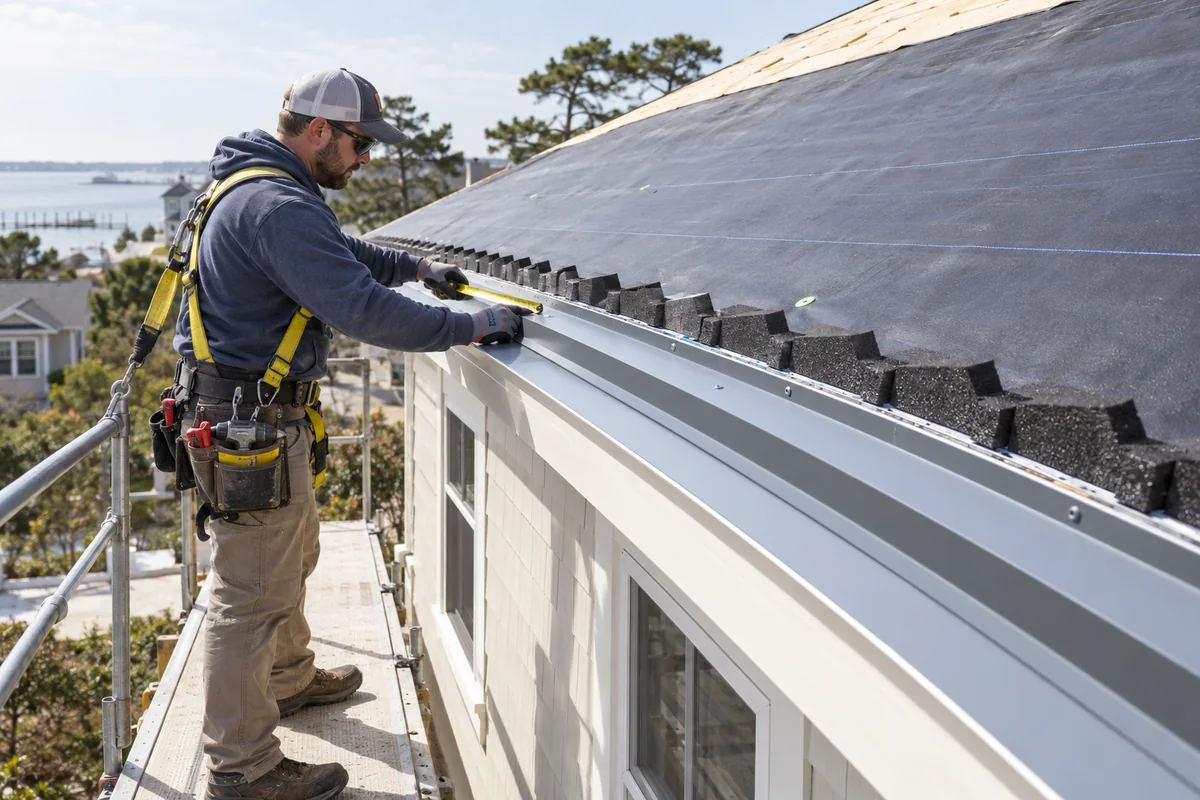 Roofing technician measuring metal roof edge trim with a tape measure along the eaves during metal roofing services in Farmville, VA.
