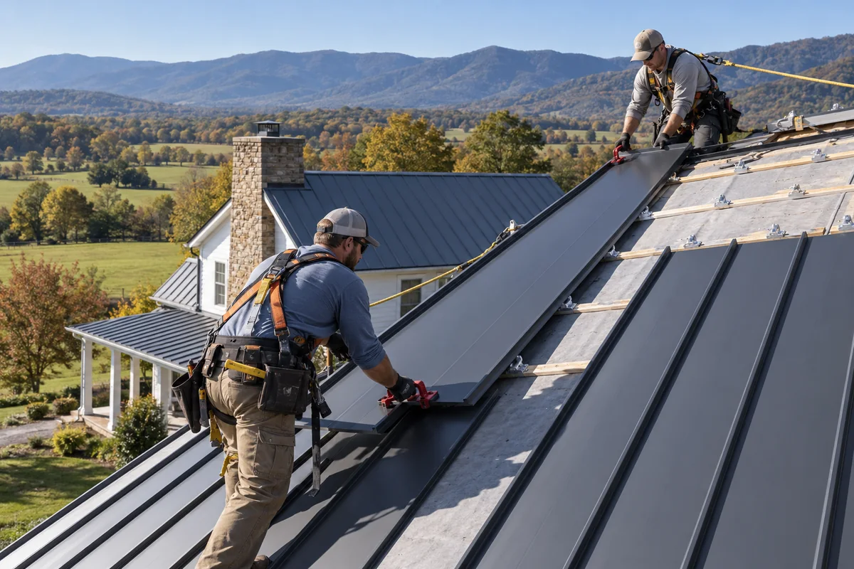 Roofing technician using a panel clamp to position a standing seam metal roof panel during metal roofing services near me.