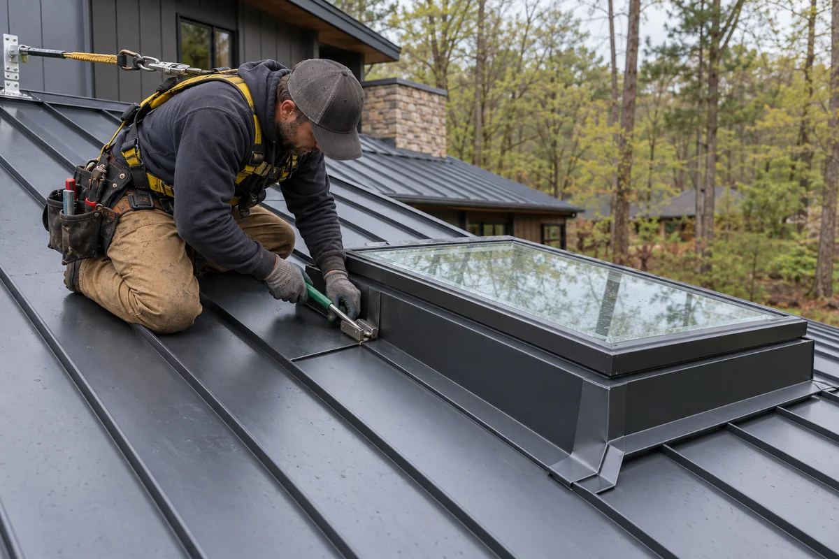 Roofing technician using a metal seaming tool to secure flashing around a skylight on a standing seam metal roof during metal roofing services in Grottoes, VA.