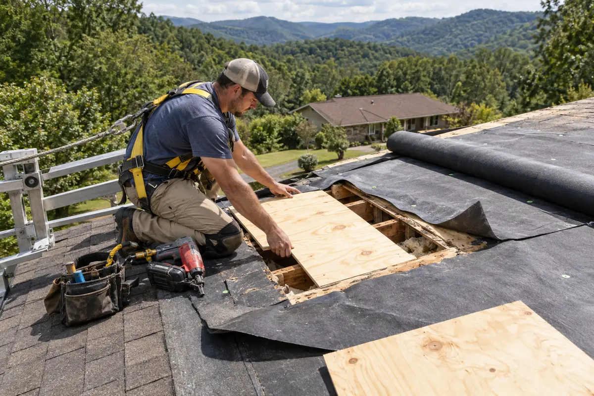 Roofing contractor positioning a plywood panel over exposed roof framing to repair damaged decking during roofing repair services in Huntington, WV.