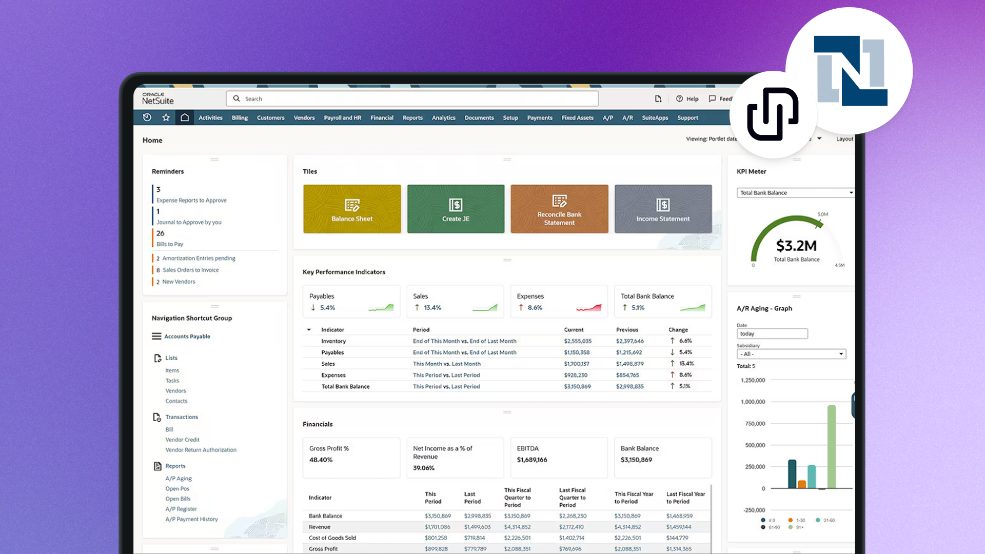 Promotional graphic on a purple gradient background showing a laptop displaying an Oracle NetSuite Home dashboard. The dashboard includes a top navigation bar with sections like Activities, Billing, Customers, Vendors, Payroll and HR, Financial, Reports, A