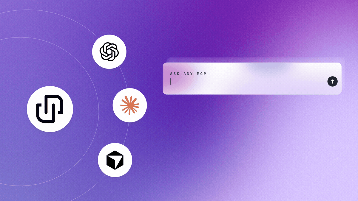 Animated illustration of an “Ask any MCP” prompt box beside the Rutter logo, with the ChatGPT, Claude, and Cursor logos orbiting it on a purple gradient.