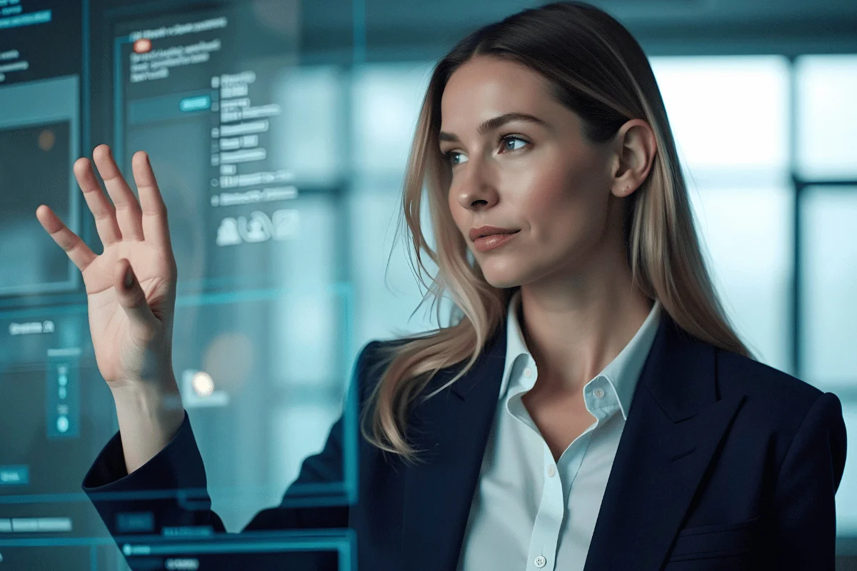 A woman in a business suit interacts with a transparent digital interface, her focus intense. The futuristic setting is in cool tones, suggesting innovation.