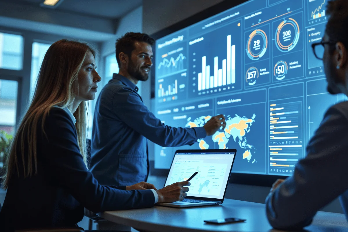 Three people in a modern office discuss data on large digital screens displaying charts and maps. The mood is focused and collaborative.