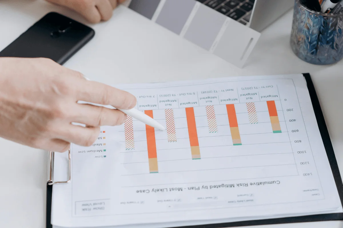 A hand points with a pen at a bar graph with red, orange, and beige bars on a printed page. A phone, color samples, and a laptop are nearby.