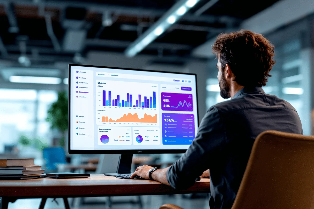 A professional in an office analyzes colorful charts and graphs on a widescreen monitor. The indoor setting is modern and spacious, creating a focused atmosphere.