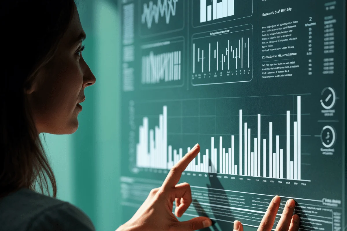 A person points to bar graphs and charts on a digital screen, analyzing data. The image conveys focus and engagement in a tech-driven environment.