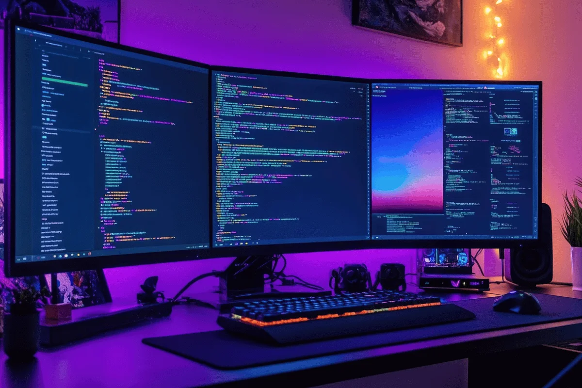 Three curved monitors display colorful code in a dimly lit room with purple ambient lighting. A glowing keyboard and fairy lights add a techy, cozy atmosphere.