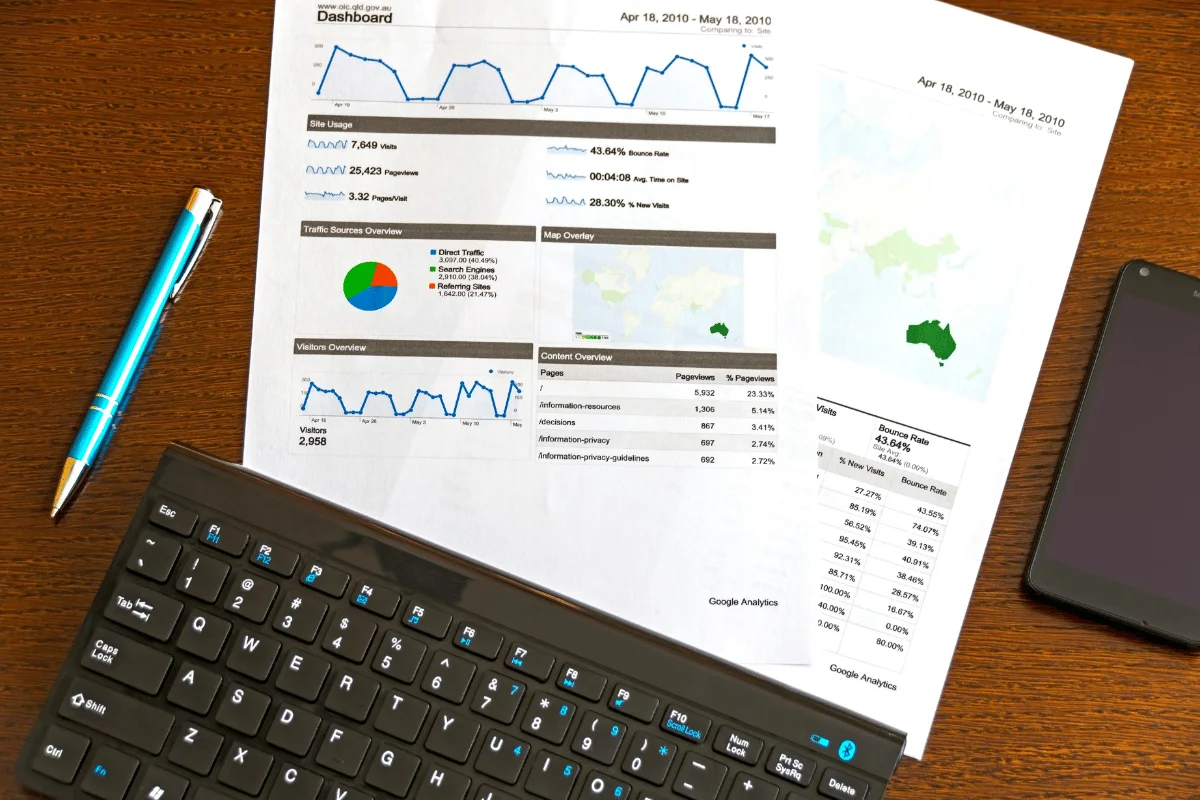 A keyboard rests on a desk alongside printed analytics reports detailing site traffic, page views, and a map of Australia.