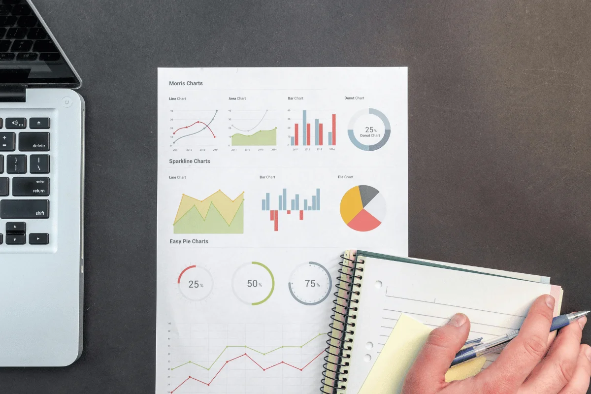 A laptop next to printed charts displaying various graph types, with a hand holding a notebook and pens for note-taking.