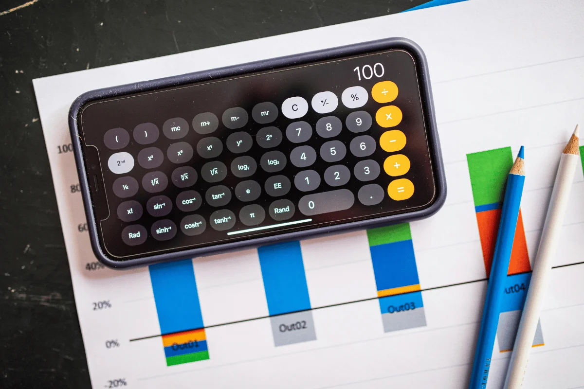 A smartphone displaying a calculator app reading "100" is placed on a colorful bar chart. 