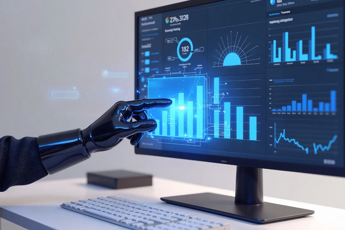 A robotic hand points at a screen displaying analytical graphs and data visualizations, conveying a tech-focused environment.