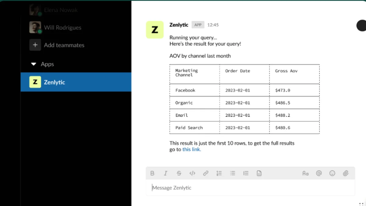 Screenshot of a Zenlytic app interface showing average order value (AOV) by marketing channel for February, with data from Facebook, Organic, Email, and Paid Search.