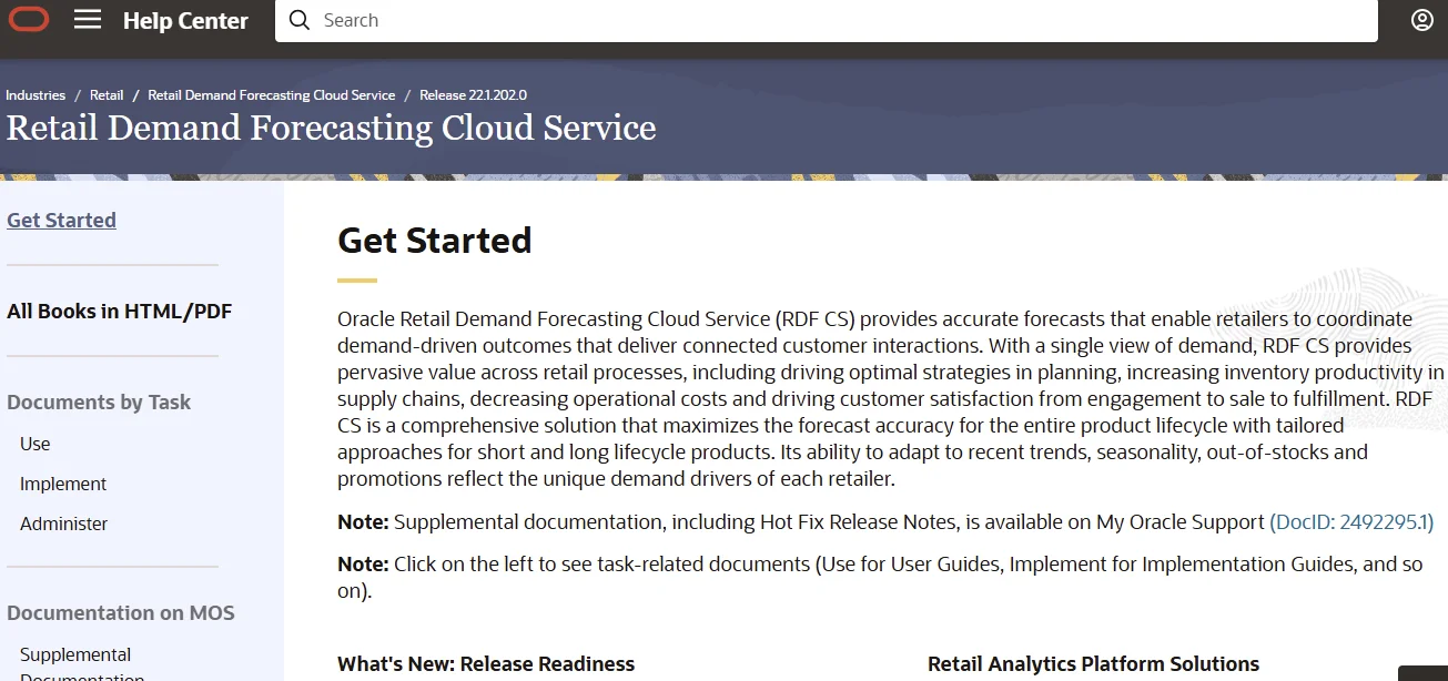 Oracle Retail Demand Forecasting Homepage