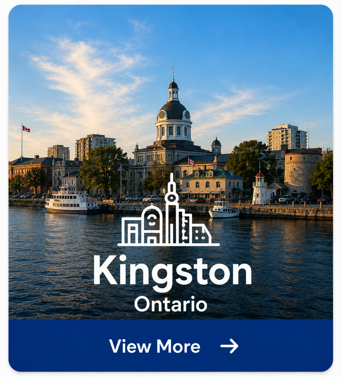 Kingston, Ontario waterfront featuring City Hall and the historic downtown skyline, representing long-distance moving services from Ottawa to Kingston.