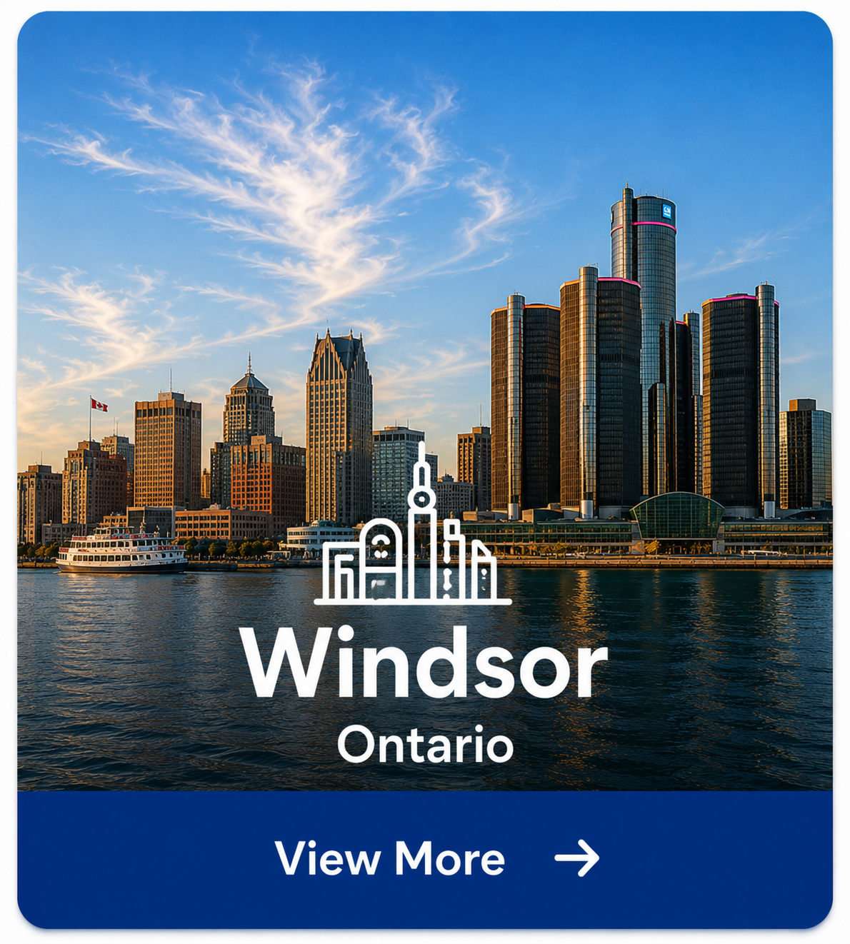 Windsor, Ontario skyline along the Detroit River with downtown waterfront, representing Ottawa Pro Movers long-distance moving services to Windsor.