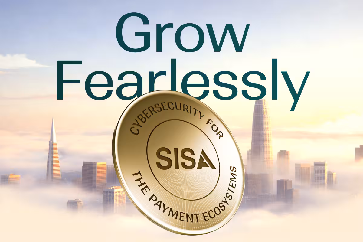 Golden coin with 'CYBERSECURITY FOR SISA THE PAYMENT ECOSYSTEMS' text against a cityscape with fog and 'Grow Fearlessly' text above.