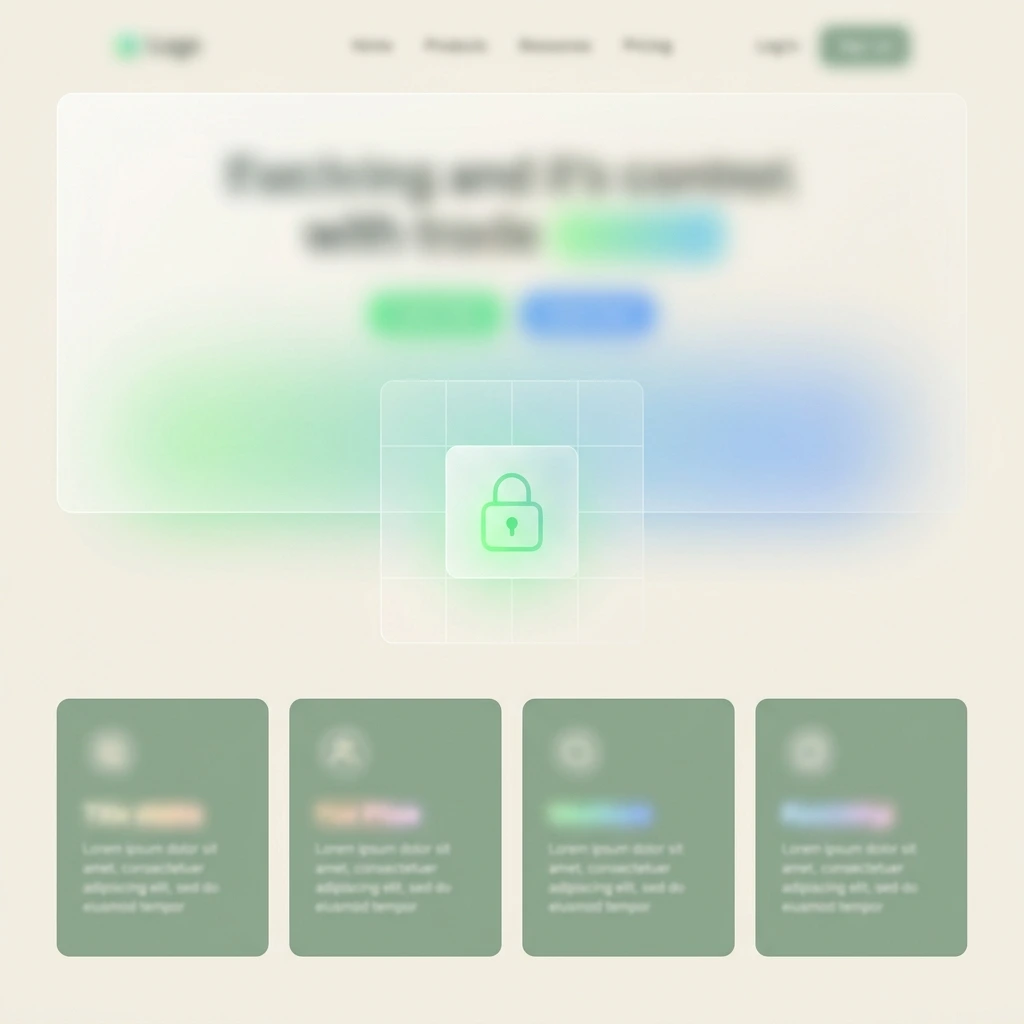 Blurred web interface showing a lock icon in the center with navigation menu and four feature cards below.