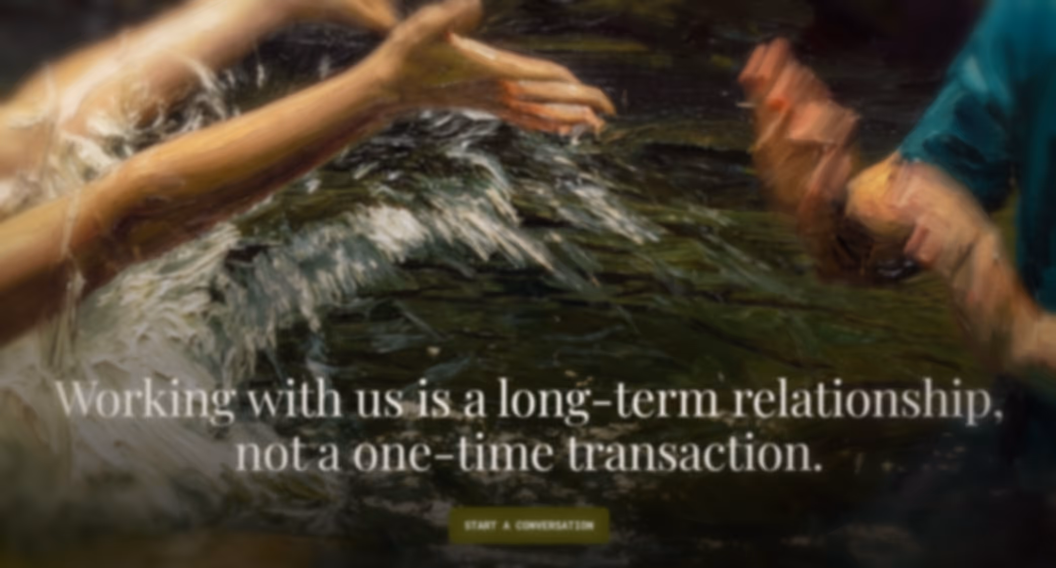 Blurred image of two people shaking hands over water with text about long-term relationships, not one-time transactions.