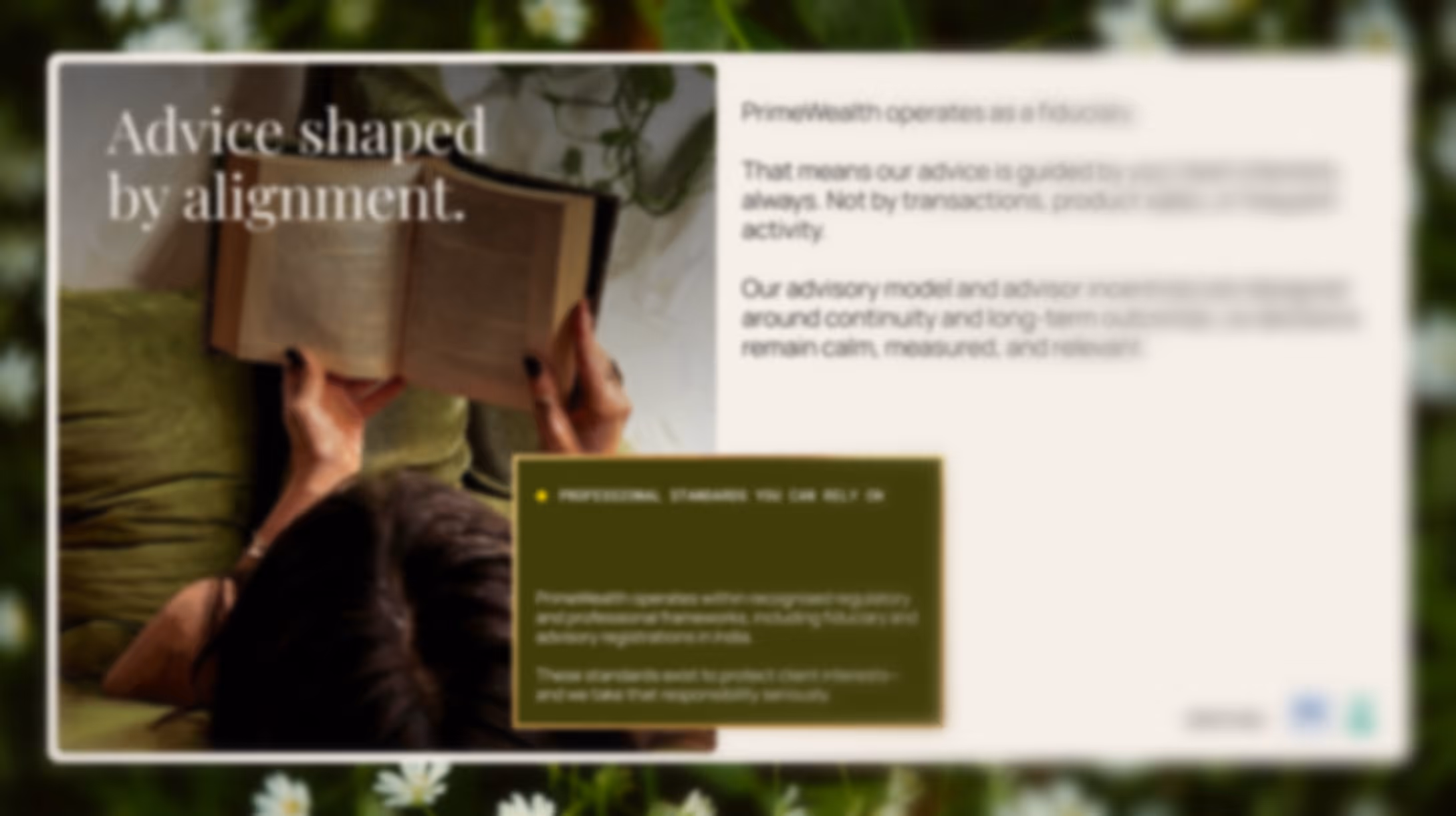 Person lying on a green couch reading an open book with the text 'Advice shaped by alignment' beside them.