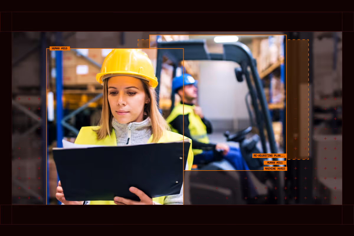 Female warehouse worker in a yellow hard hat and vest reviewing a clipboard, with a male worker operating a forklift in the background.