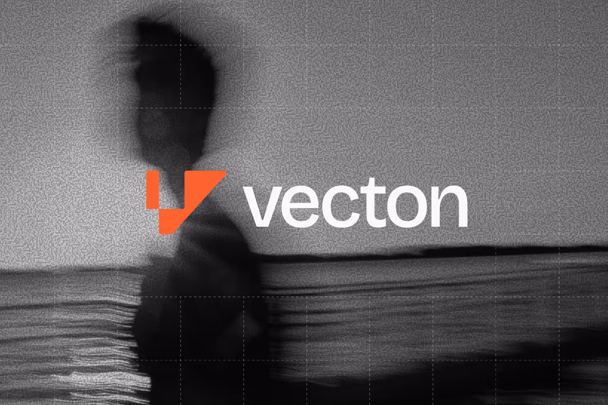 Black and white shadowy figure in motion with an orange vector logo and white text reading 'vecton'.