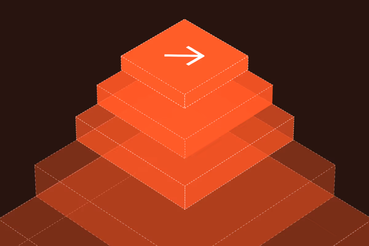Stacked transparent red cubes with the top cube showing a white right-pointing arrow on a dark background.