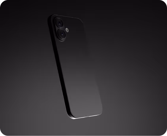 Black smartphone with dual cameras and flash on a dark gradient background.